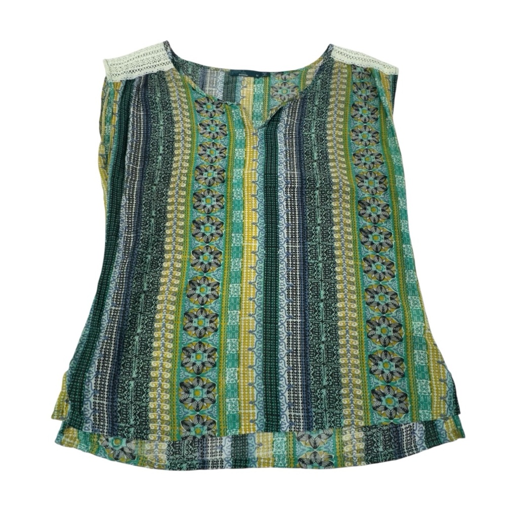 Prana Striped Floral Sleeveless Blouse in Green, Teal, Yellow